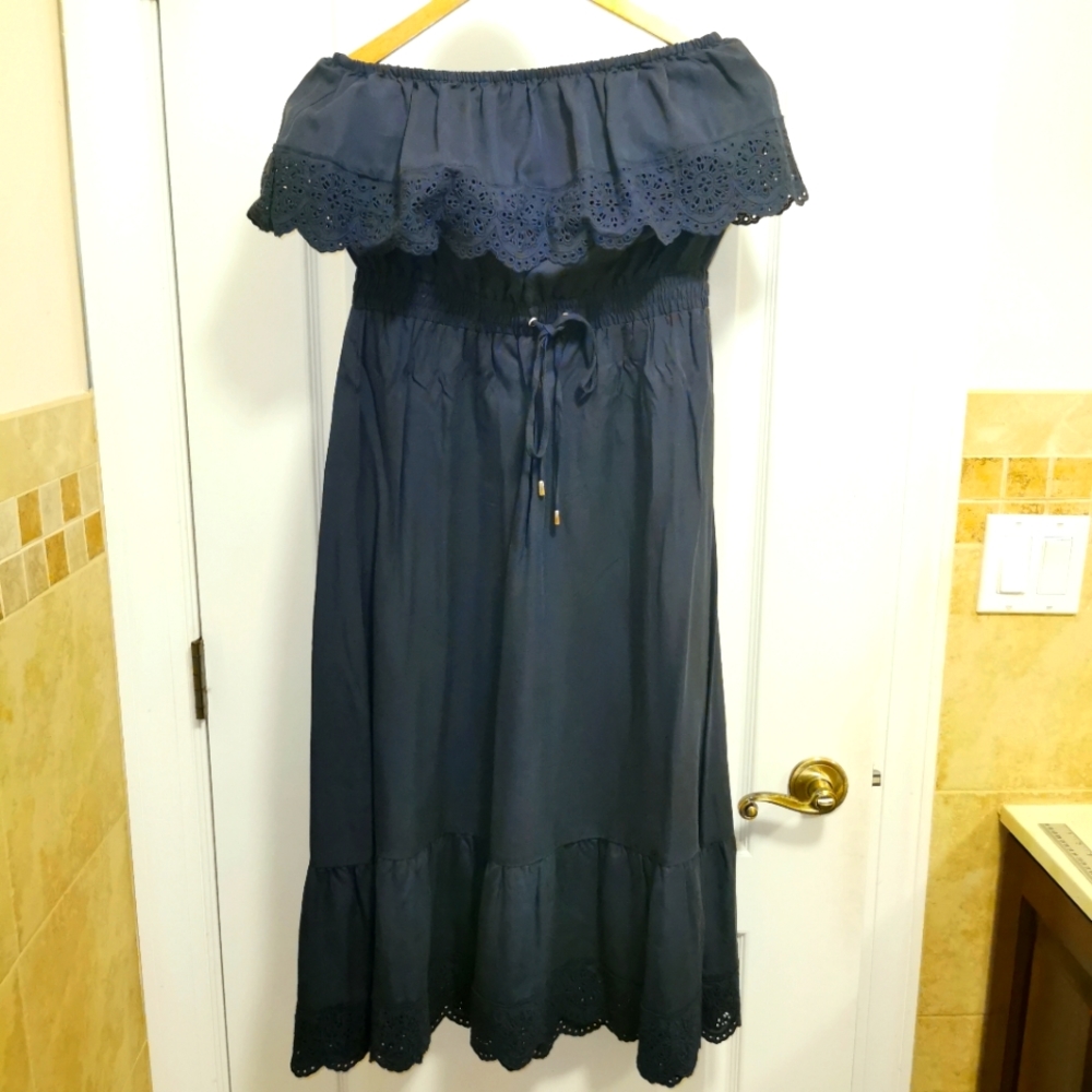Forever new strapless summer dress boho ruffled midi navy blue
